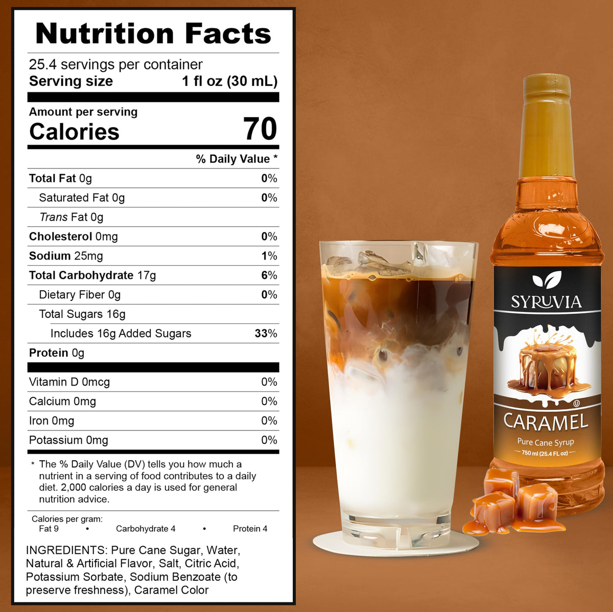 Close-up of the Syruvia caramel label highlighting sugar quality.