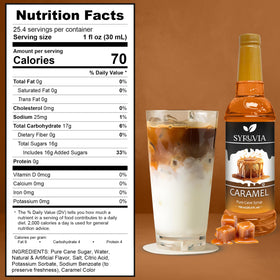 Close-up of the Syruvia caramel label highlighting sugar quality.