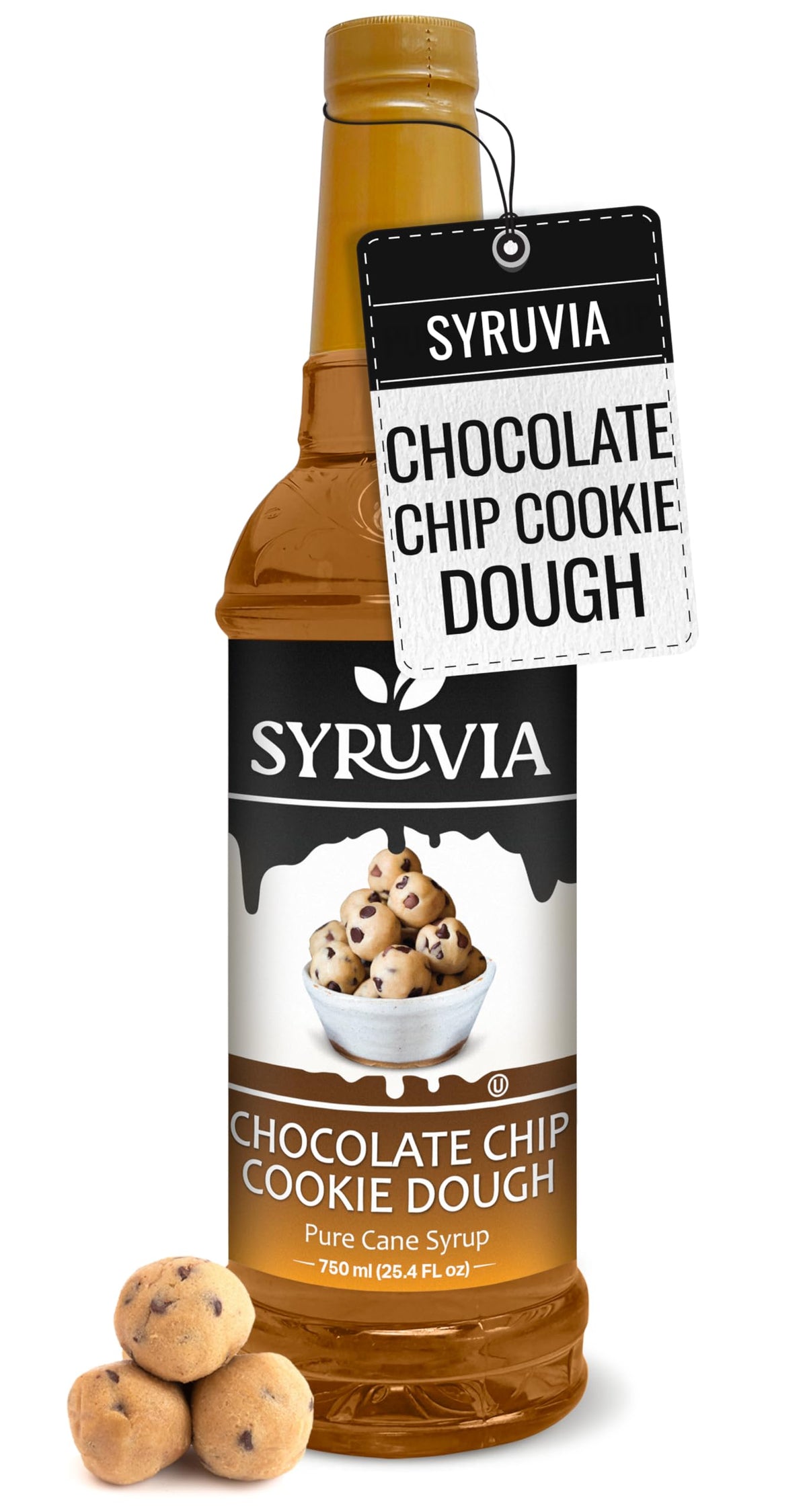 SYRUVIA chocolate chip cookie dough coffee syrup bottle enhances lattes with nostalgic flavor