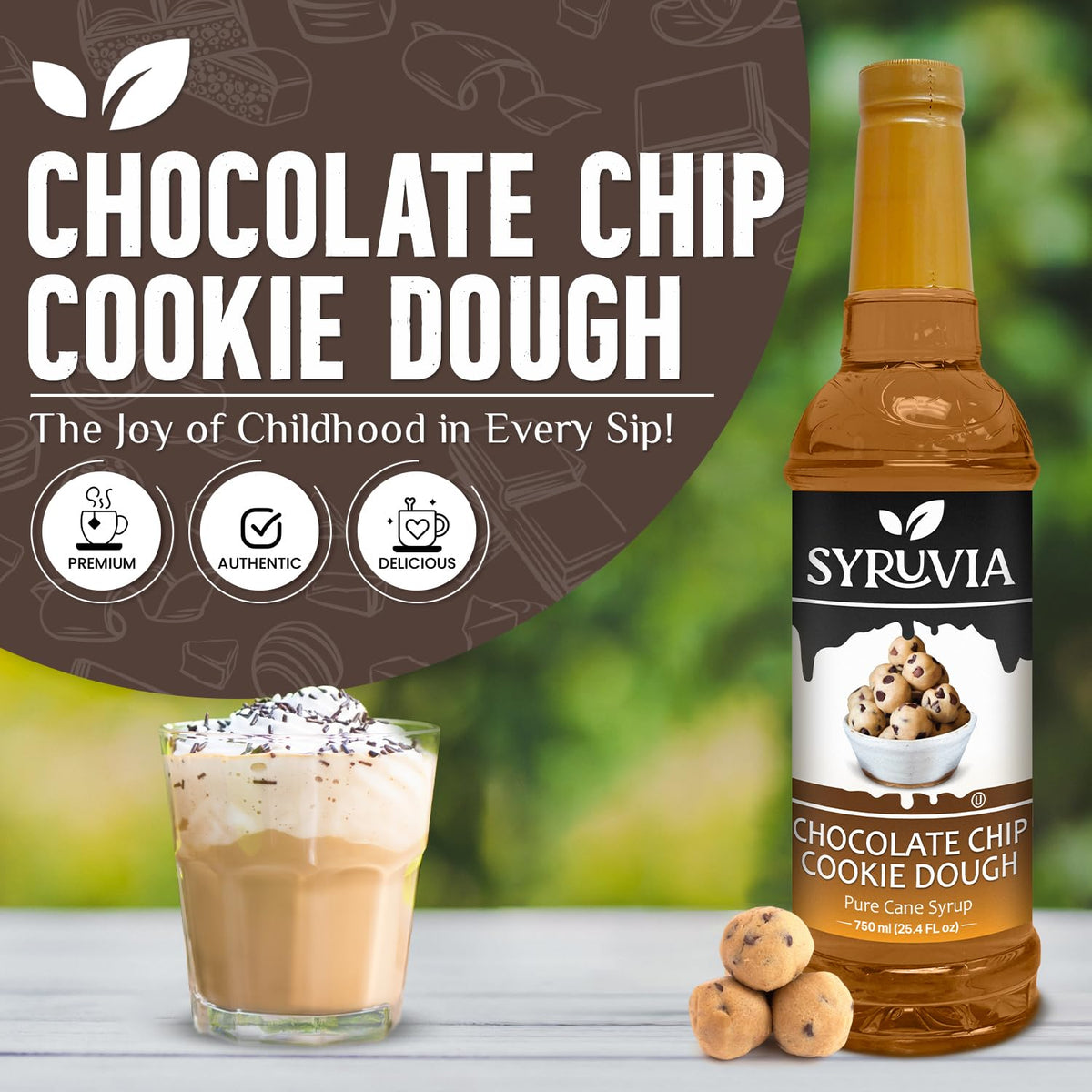 Pouring SYRUVIA syrup over a latte adds a cookie dough twist