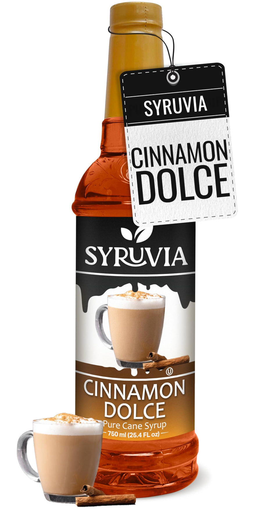 SYRUVIA Cinnamon Dolce Coffee Syrup bottle showing rich aroma and flavor