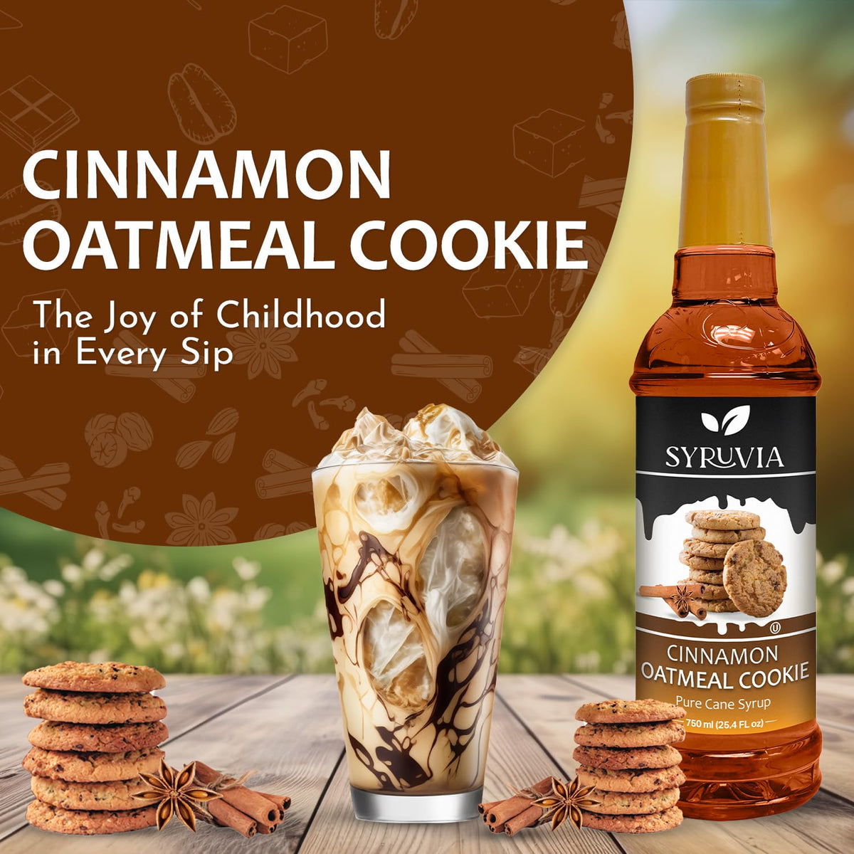 SYRUVIA Cinnamon Oatmeal Cookie syrup being poured into a drink to flavor it.