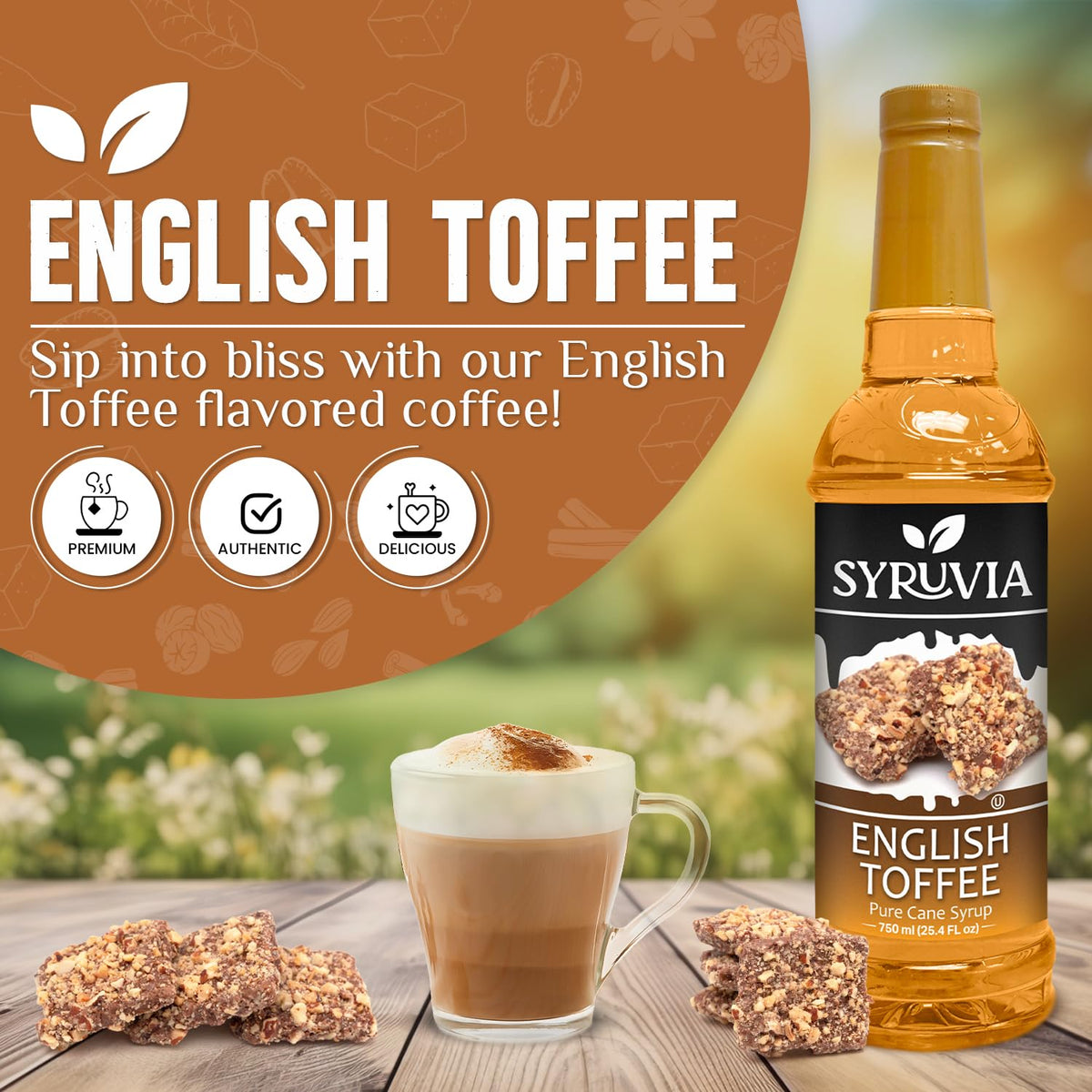 SYRUVIA English Toffee syrup being poured into a latte.