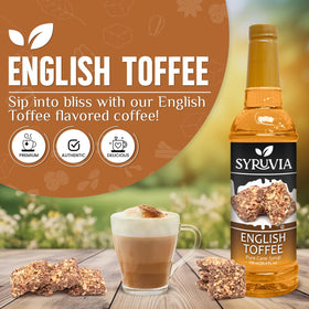 SYRUVIA English Toffee syrup being poured into a latte.