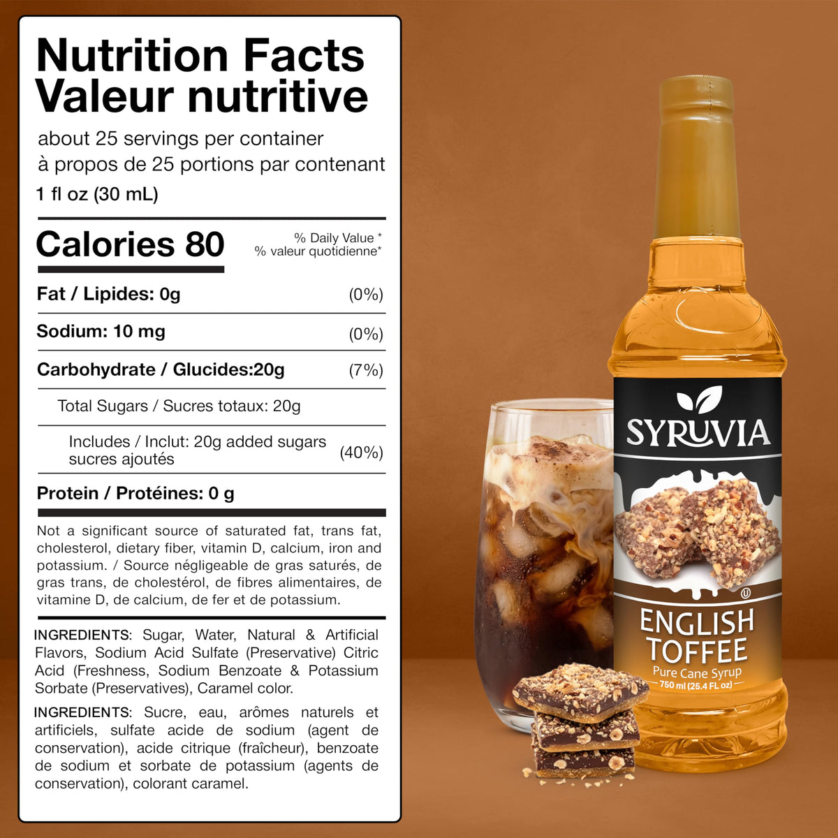 Pouring SYRUVIA English Toffee syrup over a dessert for flavor.