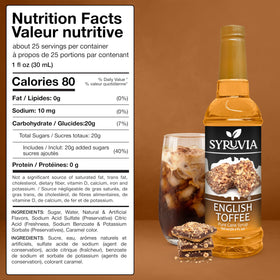 Pouring SYRUVIA English Toffee syrup over a dessert for flavor.