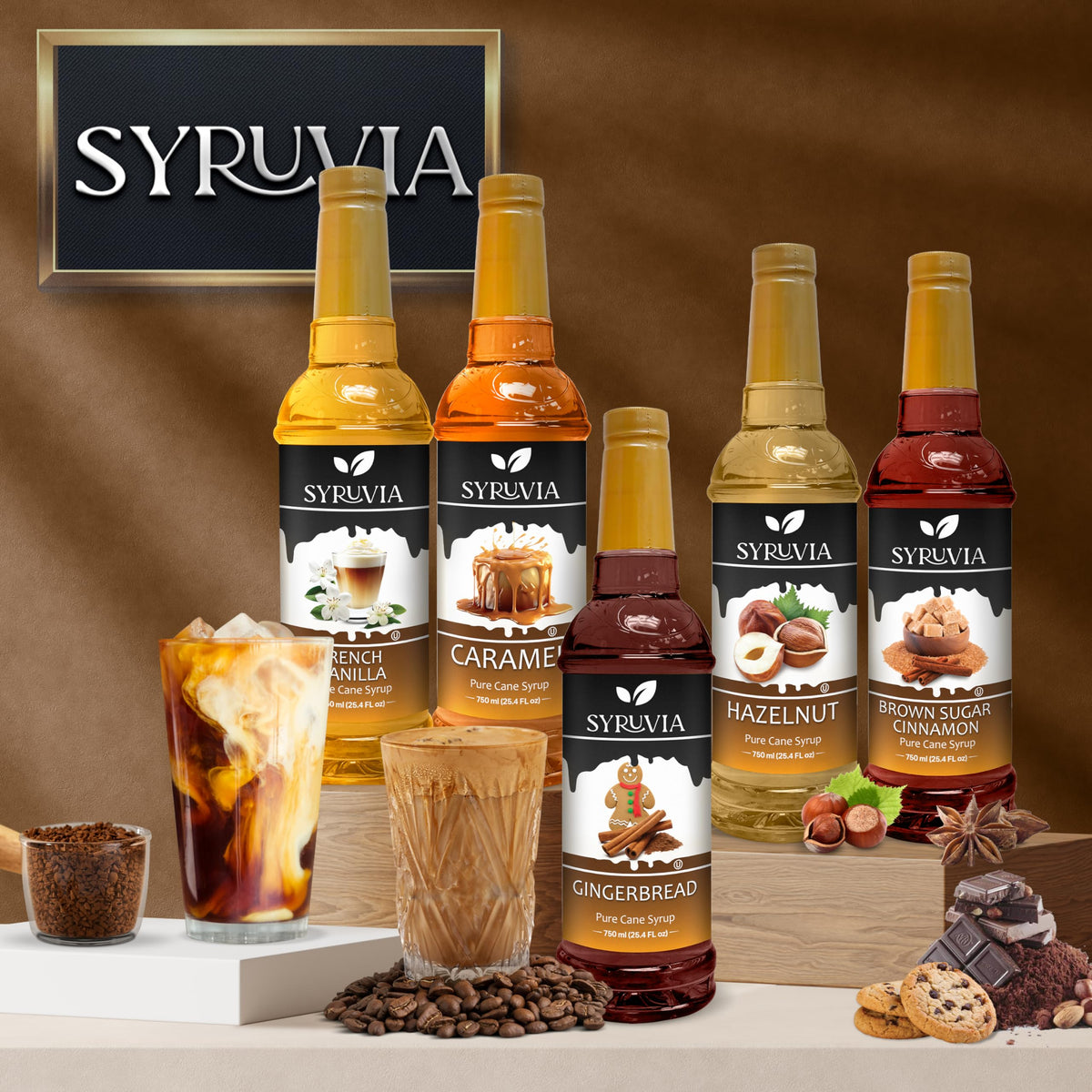 SYRUVIA Coffee Syrup bottle on kitchen counter.