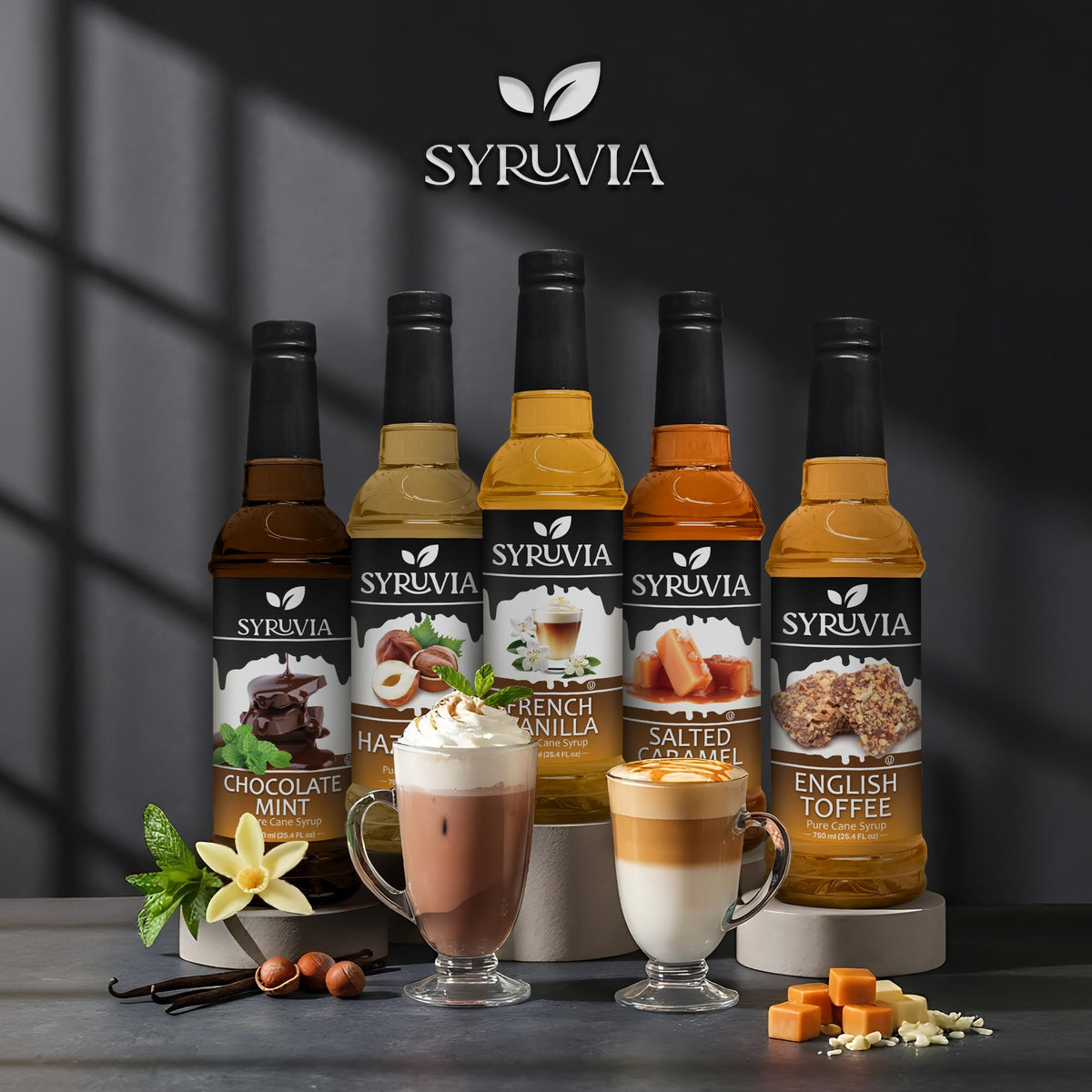 Kitchen setup featuring SYRUVIA syrup for drinks and desserts.