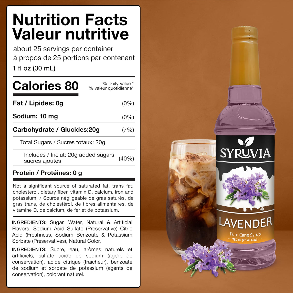 Syruvia Coffee Syrup bottle adds rich flavor to lattes.