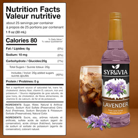 Syruvia Coffee Syrup bottle adds rich flavor to lattes.