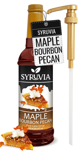 SYRUVIA coffee syrup bottle pour showcasing maple bourbon pecan flavor for drinks.