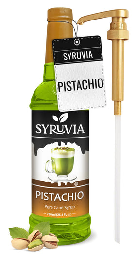 SYRUVIA Pistachio coffee syrup bottle with pump for easy pouring.