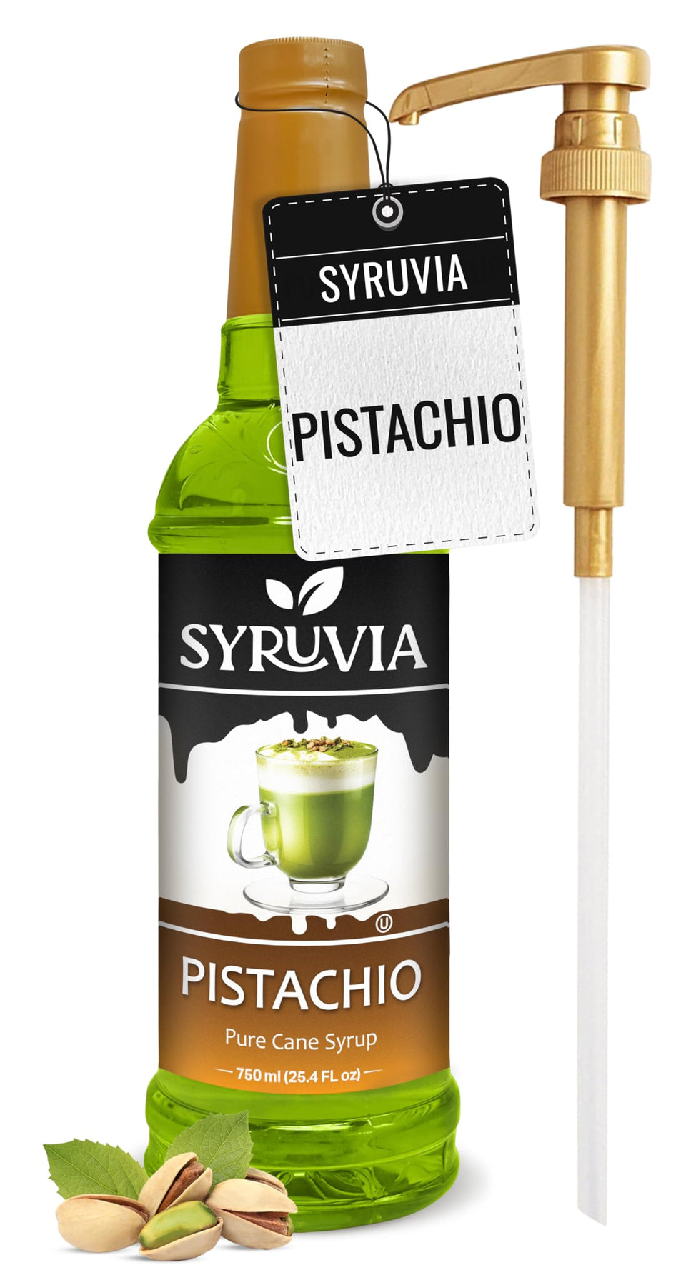 SYRUVIA Pistachio coffee syrup bottle with pump for easy pouring.