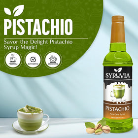 Pouring SYRUVIA Pistachio syrup into a glass to enhance drinks.