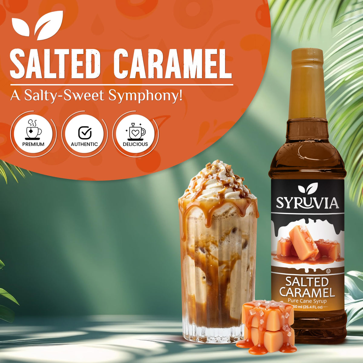 Syruvia Salted Caramel Coffee Syrup being poured to flavor beverages and desserts.
