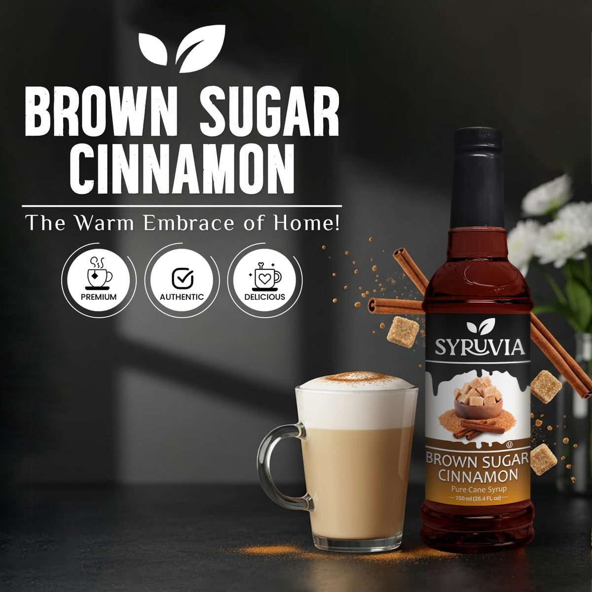 Pouring SYRUVIA syrup into a hot coffee for warmth and depth.