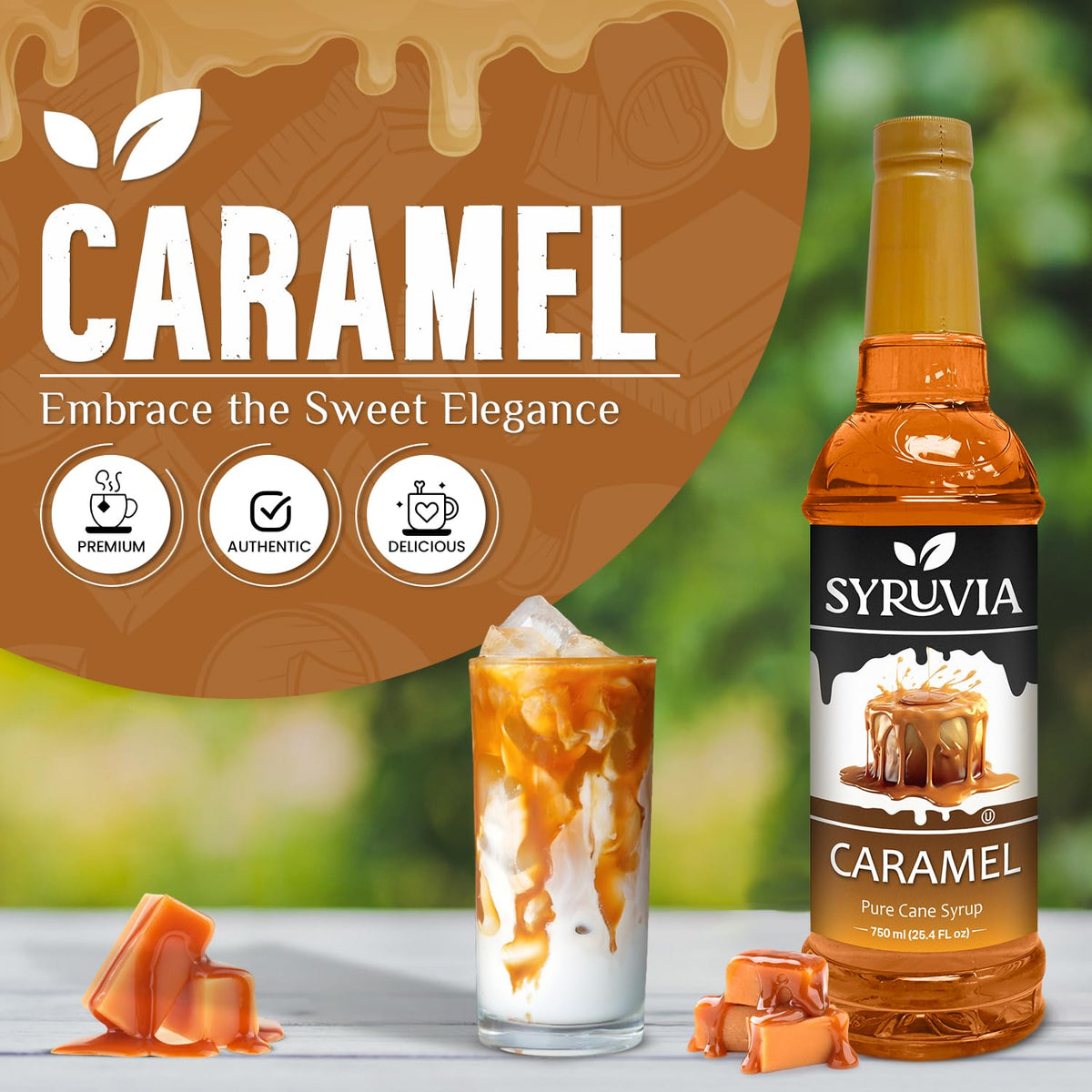 Syruvia coffee syrup pour captures creamy caramel notes for cafe-style lattes