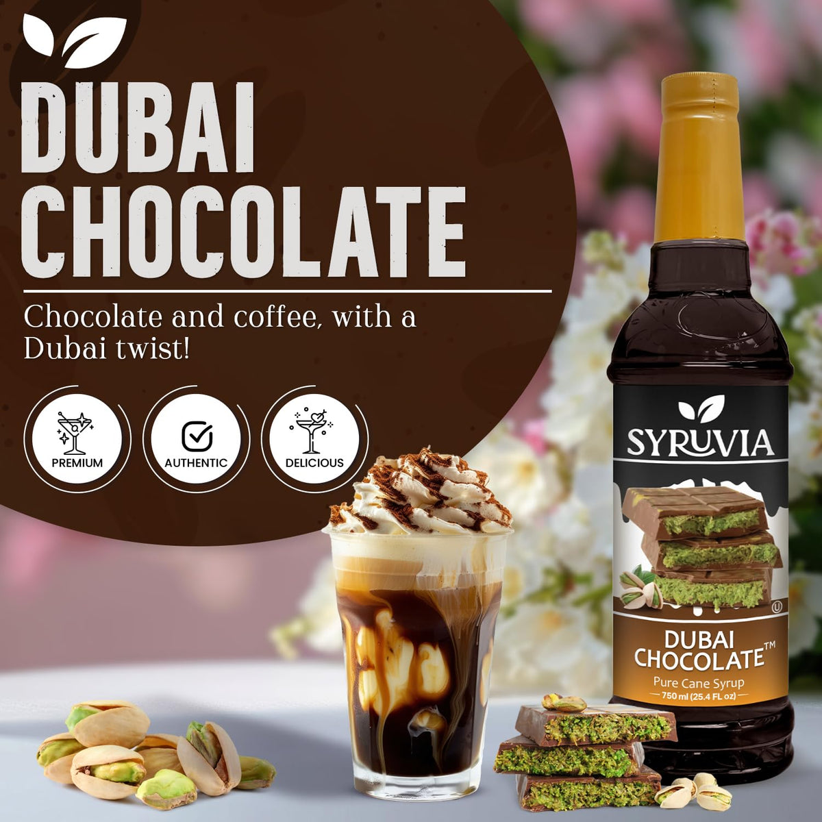 SYRUVIA coffee syrup pouring into a cup for creamy latte flavor.