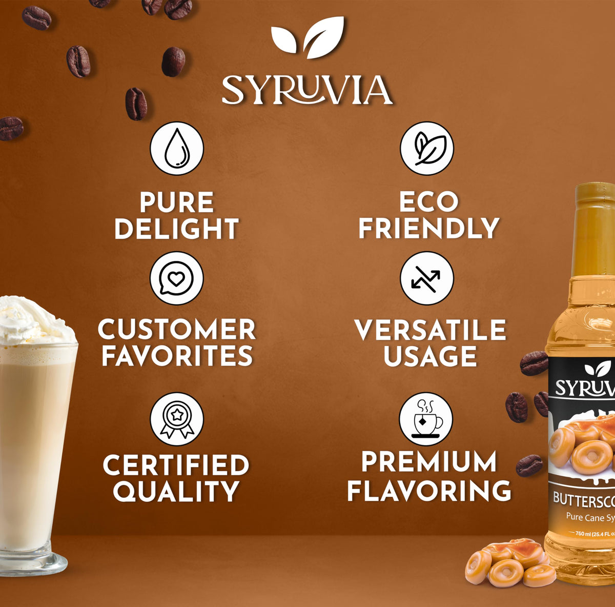 SYRUVIA Butterscotch syrup close-up highlighting pure cane sugar base