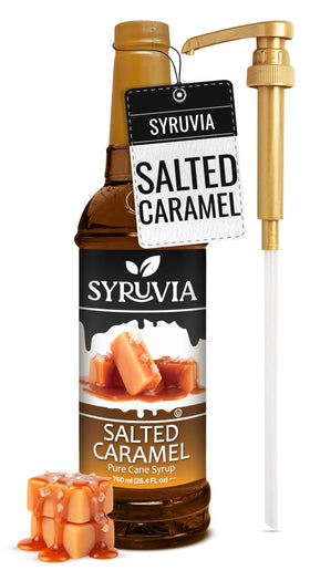 Syruvia Salted Caramel Coffee Syrup bottle with pump enhances lattes.