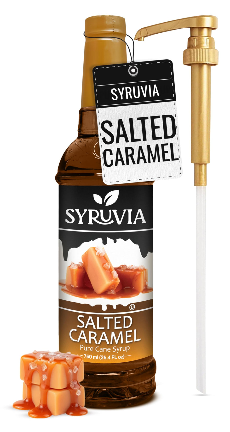 Syruvia Salted Caramel Coffee Syrup bottle with pump enhances lattes.