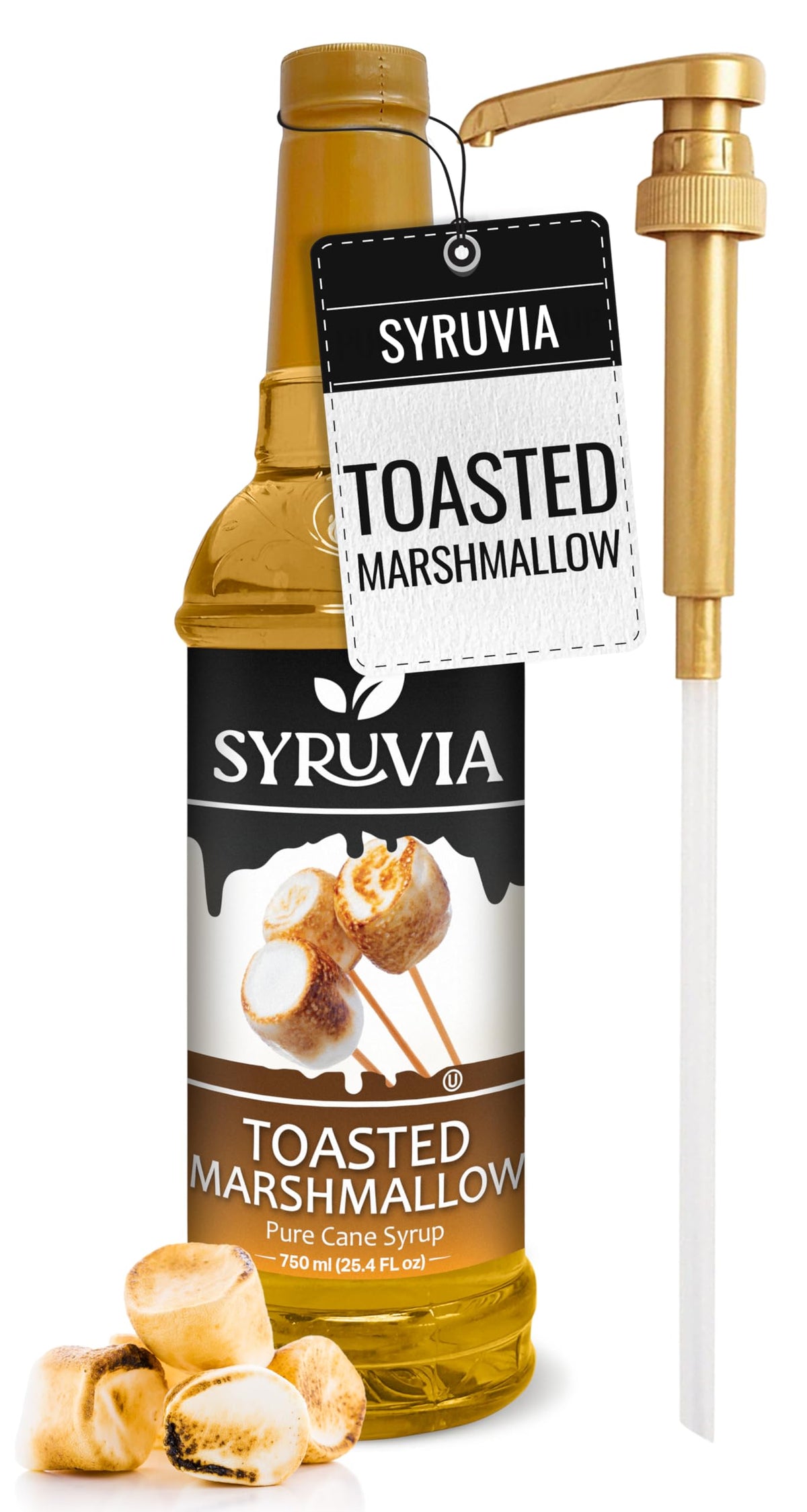 SYRUVIA toasted marshmallow syrup bottle pour boosts coffee and desserts.