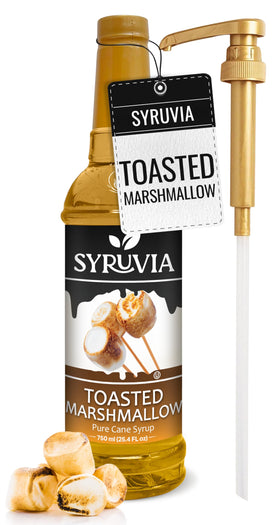 SYRUVIA toasted marshmallow syrup bottle pour boosts coffee and desserts.