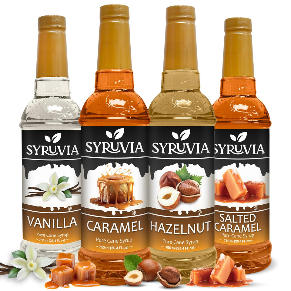 SYRUVIA Vanilla Coffee Syrup bottle for creamy lattes.