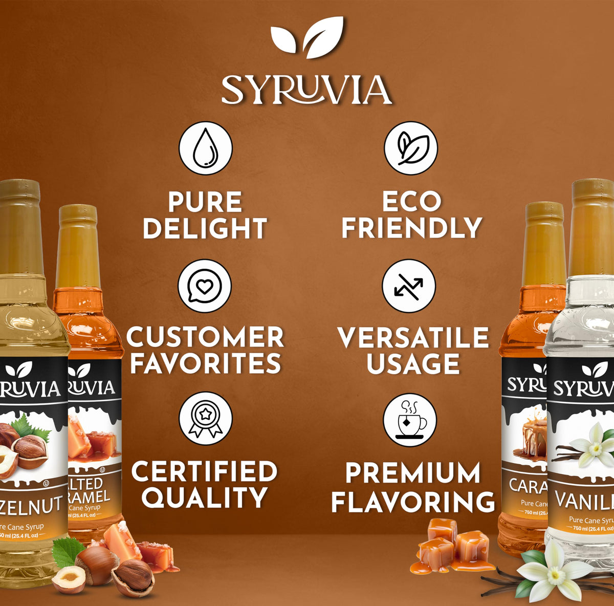 SYRUVIA Variety Pack displayed for creating cafe-style drinks at home.
