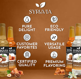 SYRUVIA Variety Pack displayed for creating cafe-style drinks at home.