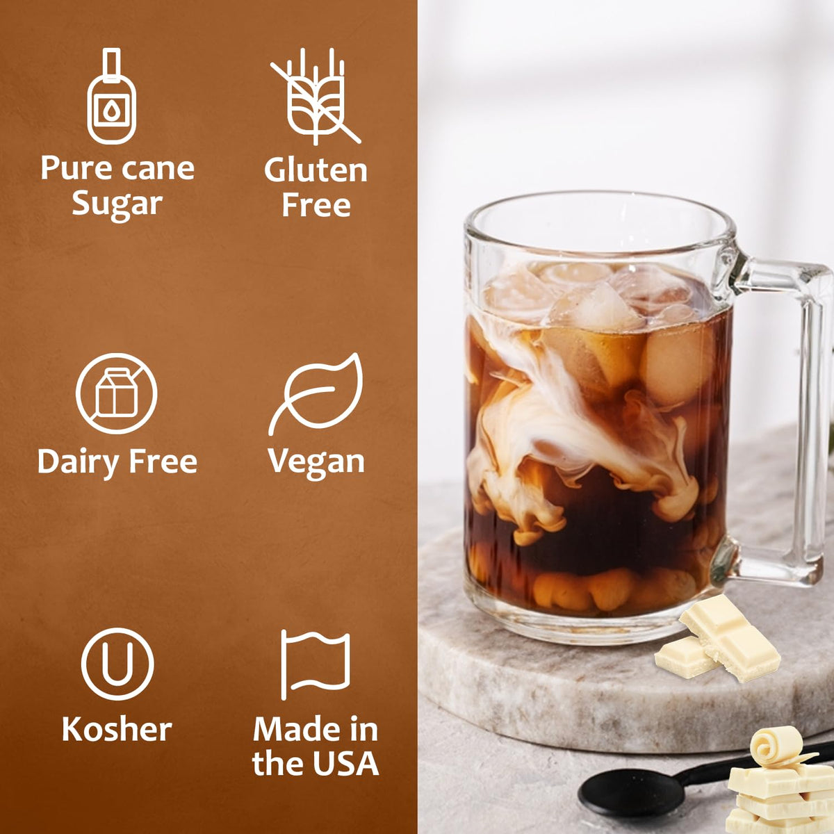 SYRUVIA coffee syrup enhances iced coffee with a smooth finish.