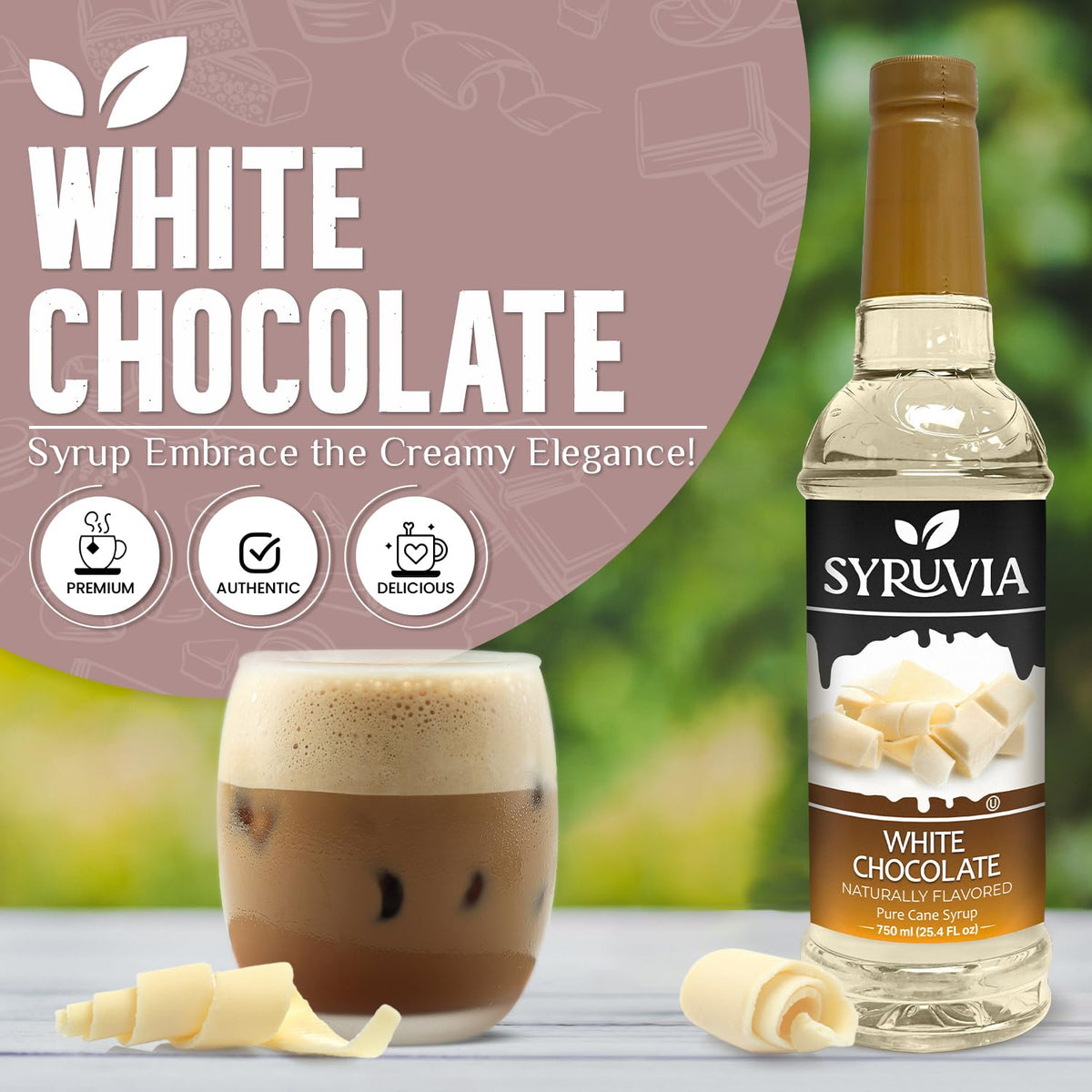 SYRUVIA white chocolate coffee syrup swirls into a creamy latte.