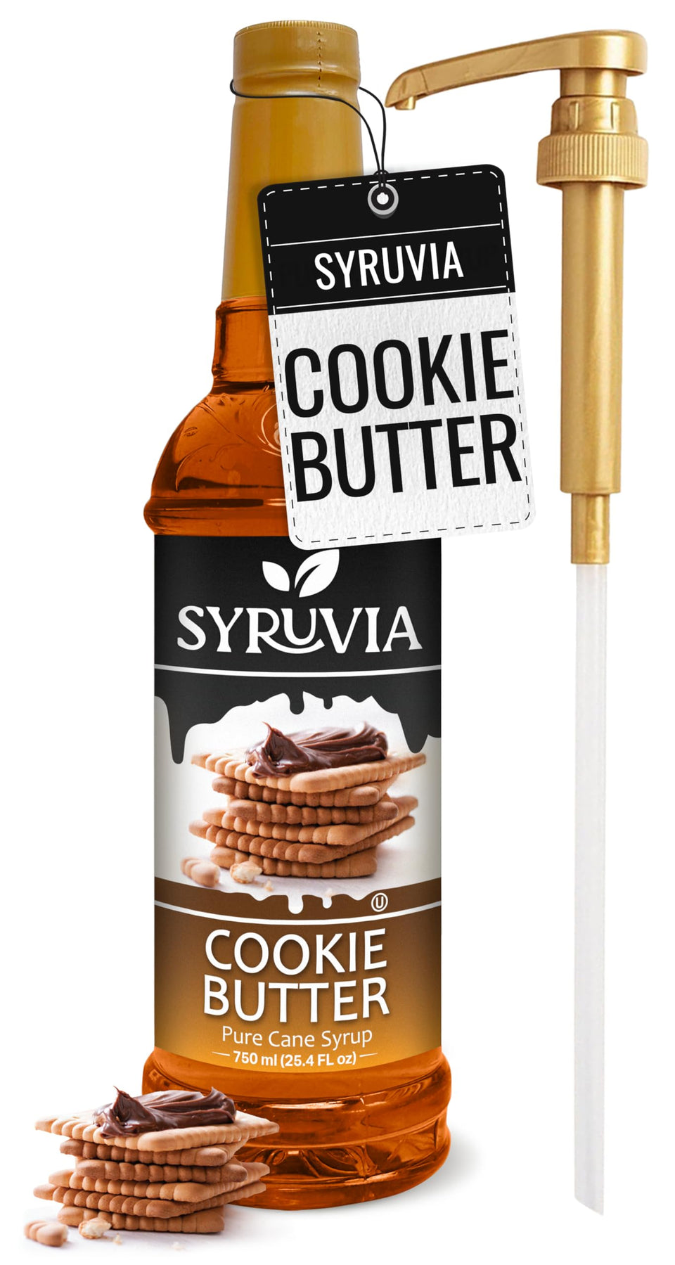 Syruvia Cookie Butter Syrup bottle pour enhances coffees and desserts.