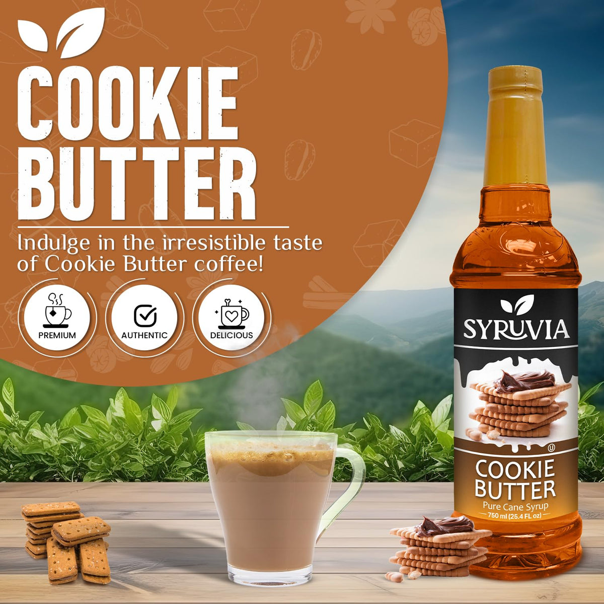 Syruvia Cookie Butter Syrup latte art creates rich, creamy flavor.