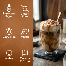 SYRUVIA Salted caramel syrup topping on dessert adds versatile flavor enhancement.
