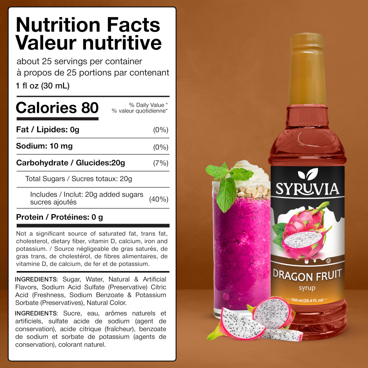 SYRUVIA Dragon Fruit Syrup poured into a cocktail for a fruity twist