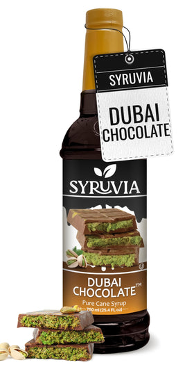 SYRUVIA Dubai Chocolate Syrup bottle for enriching coffees and desserts.