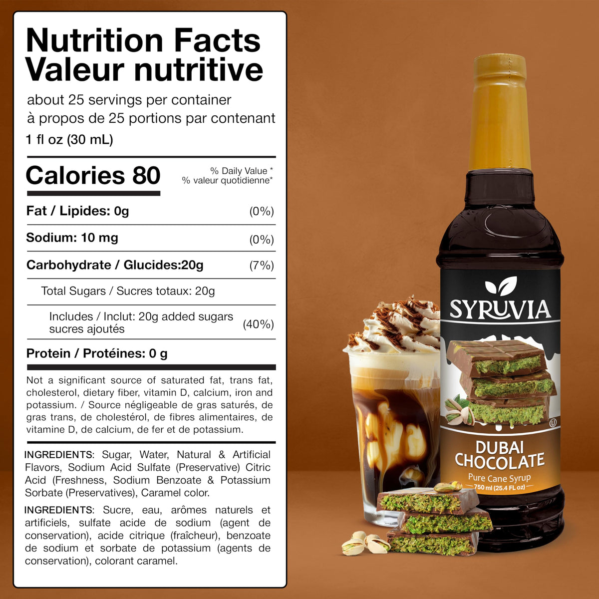 SYRUVIA Dubai Chocolate Syrup drizzle over dessert adds rich sweetness.