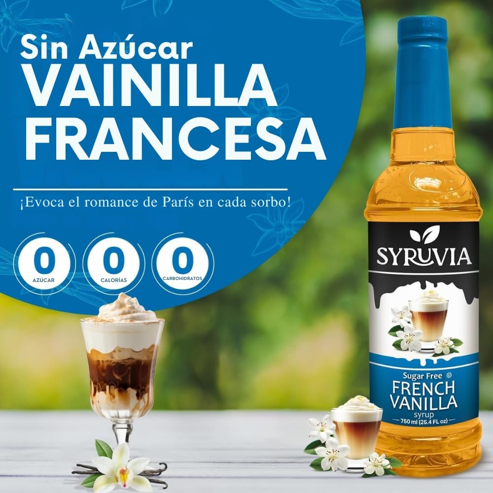 SYRUVIA sugar-free French Vanilla syrup close-up pour into coffee.