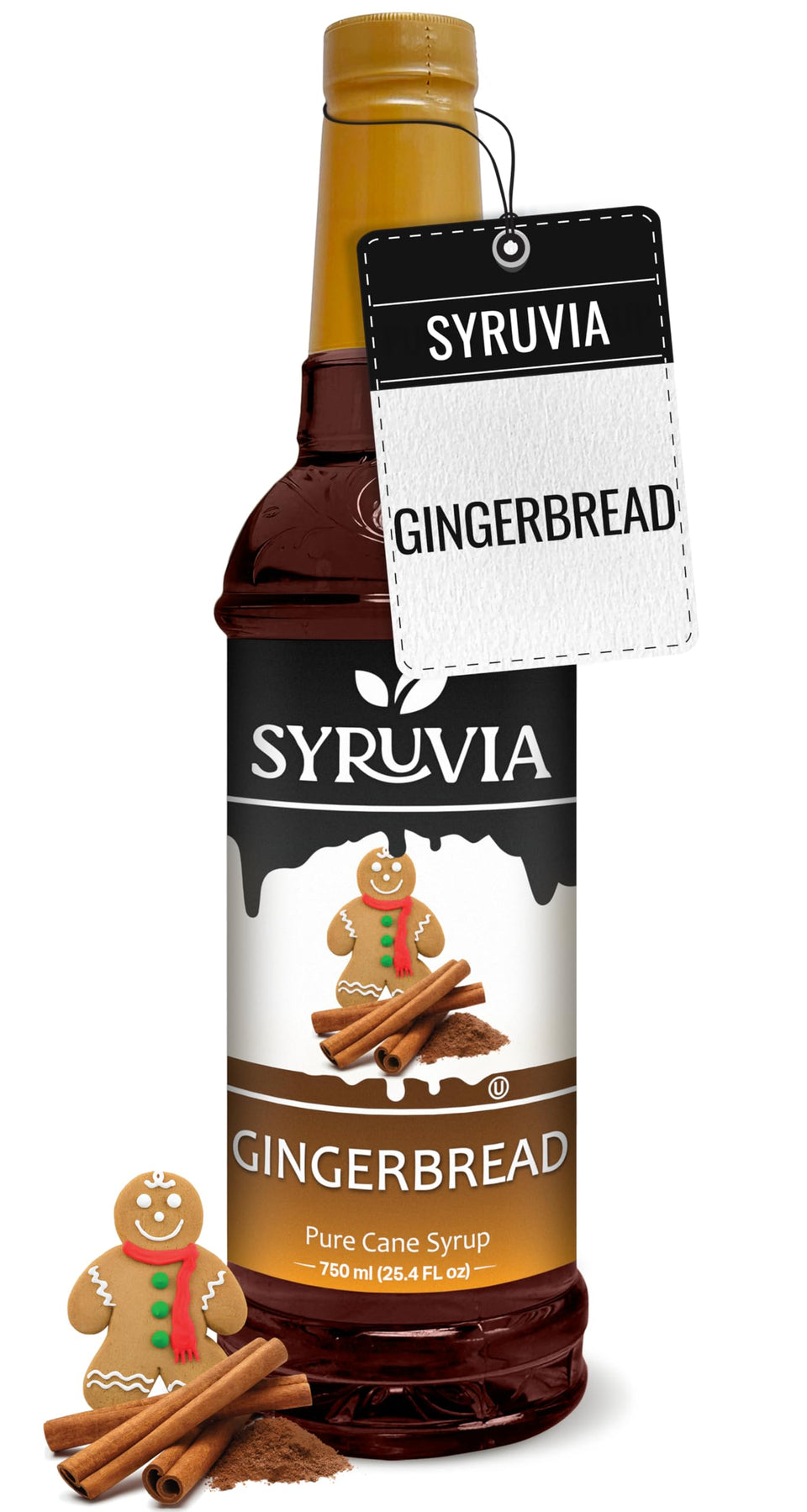 SYRUVIA Gingerbread Syrup bottle pouring into coffee for a cozy drink