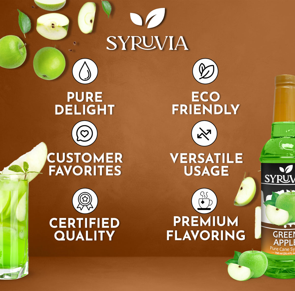 Syruvia Green Apple Syrup dessert-top adds fruity drizzle to treats and oatmeal.