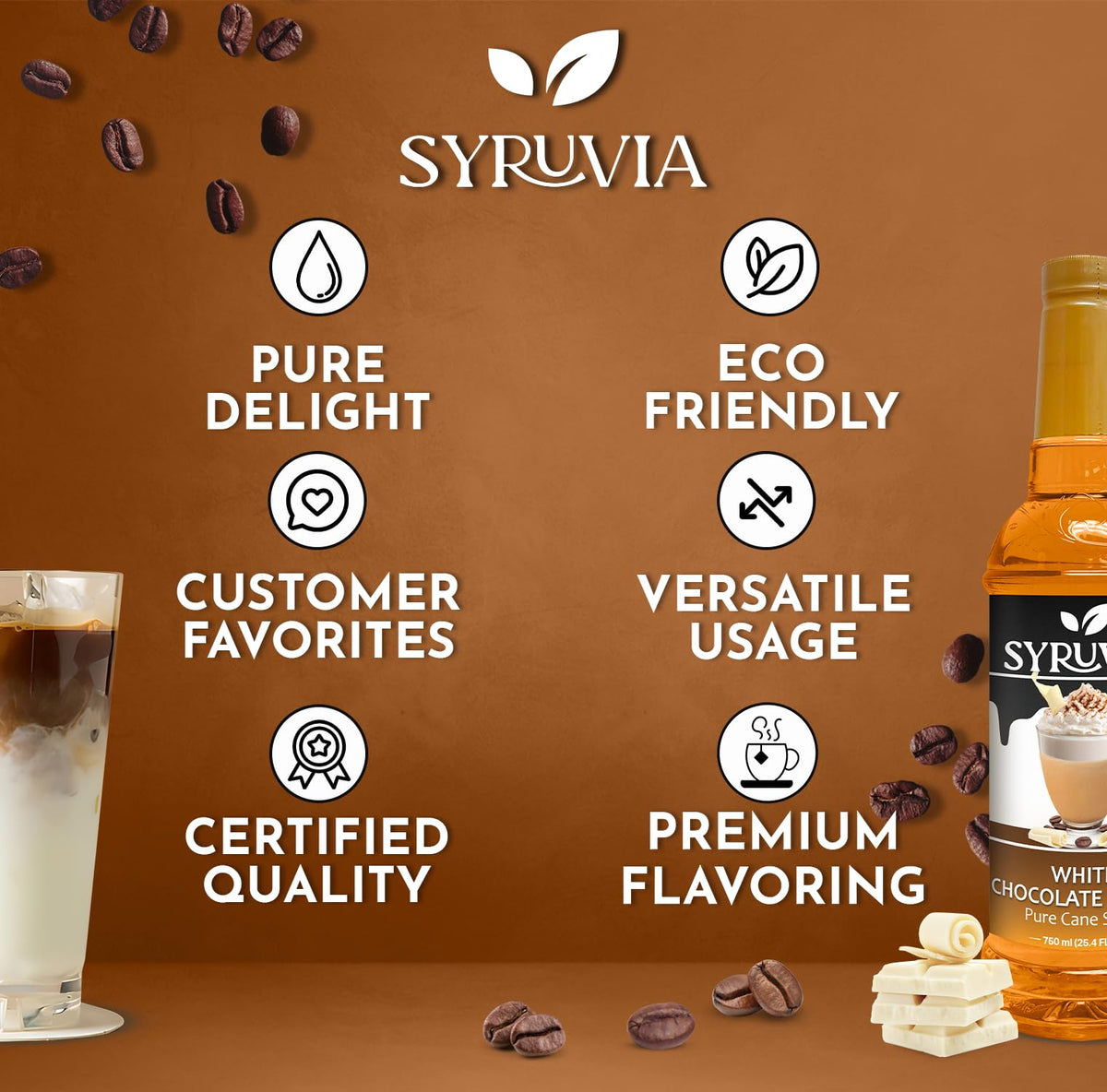 SYRUVIA Iced coffee glass shows syrup for refreshing flavor boost.