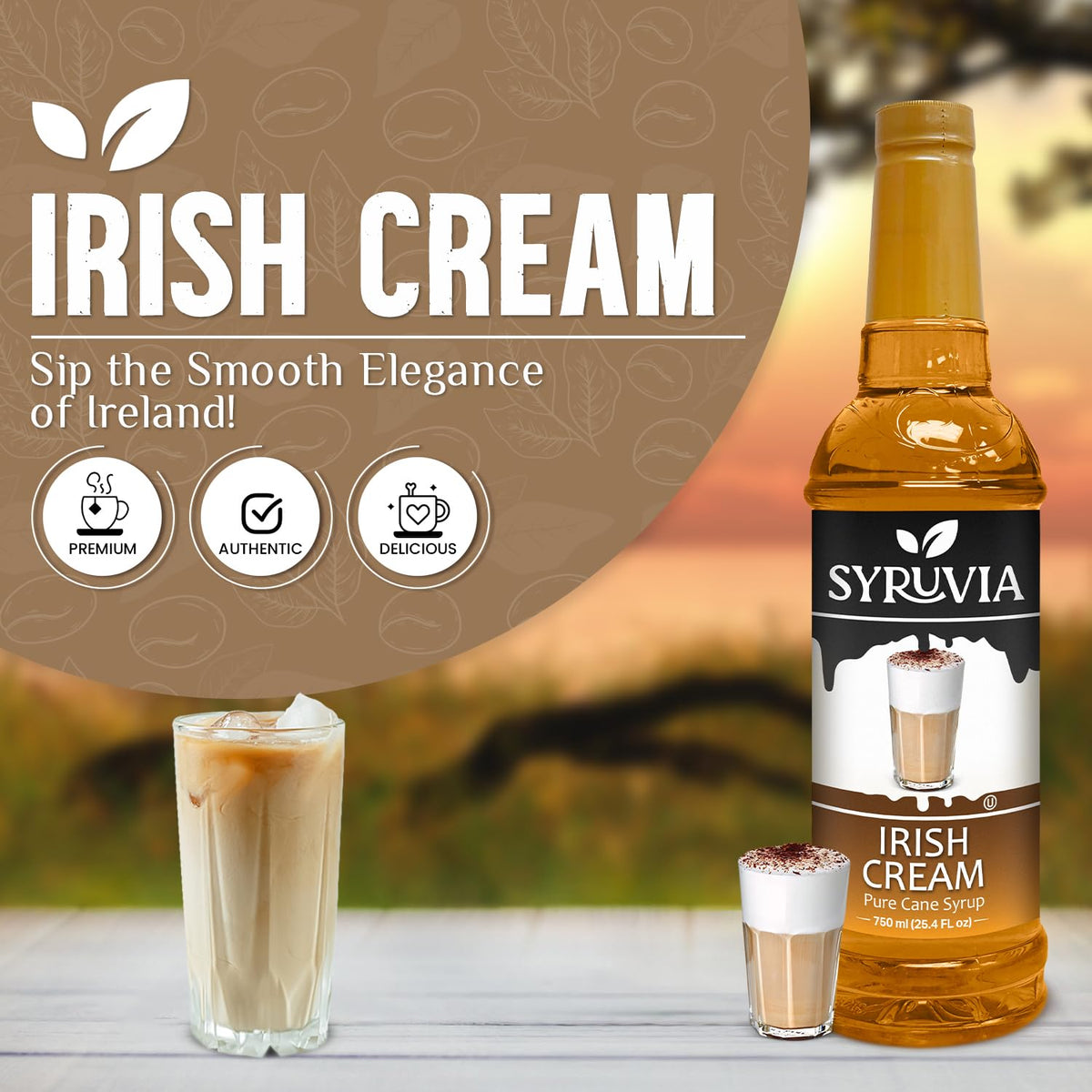 Pouring SYRUVIA Irish Cream syrup enhances beverages with a creamy aroma.