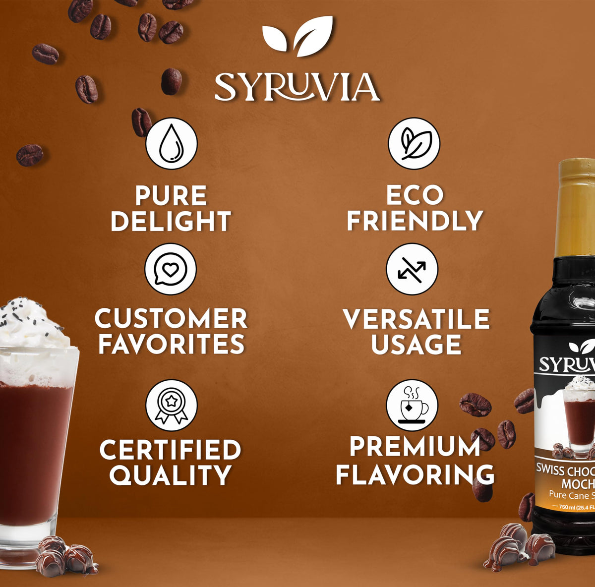 Home kitchen setup with SYRUVIA syrups for beverages and desserts.