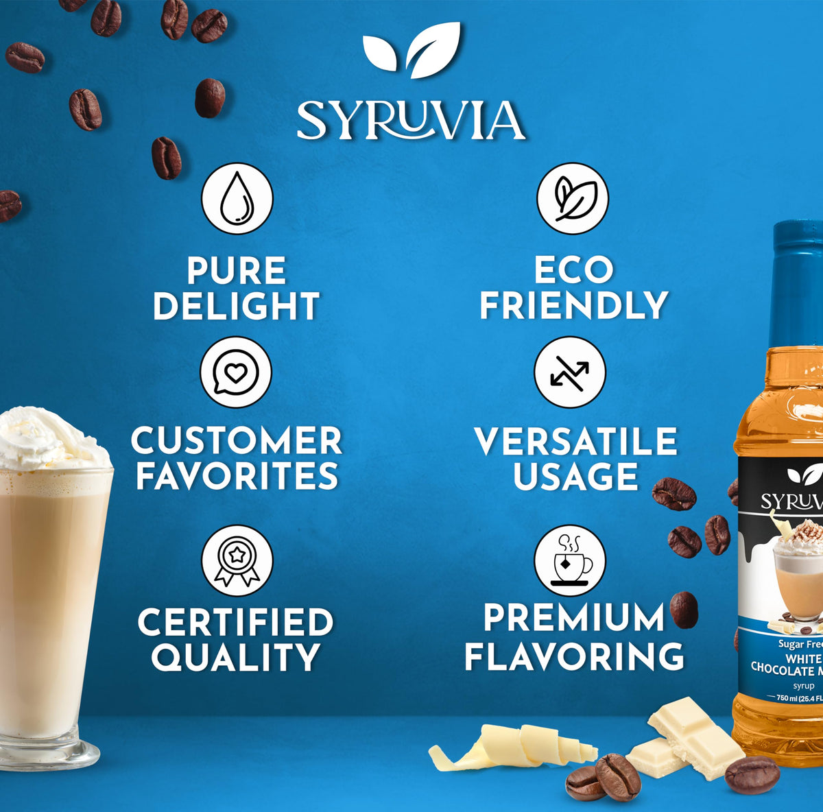 SYRUVIA latte with white chocolate mocha syrup for a dessert-inspired drink.