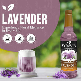 SYRUVIA lavender coffee syrup releasing steam from a teacup, aromatic and inviting