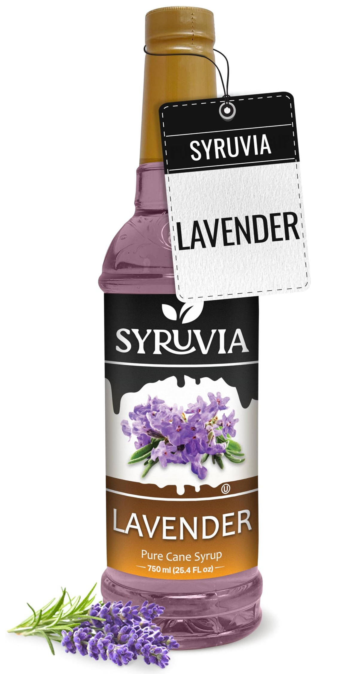 Syruvia Lavender Syrup bottle enhances lattes with floral, calming notes.