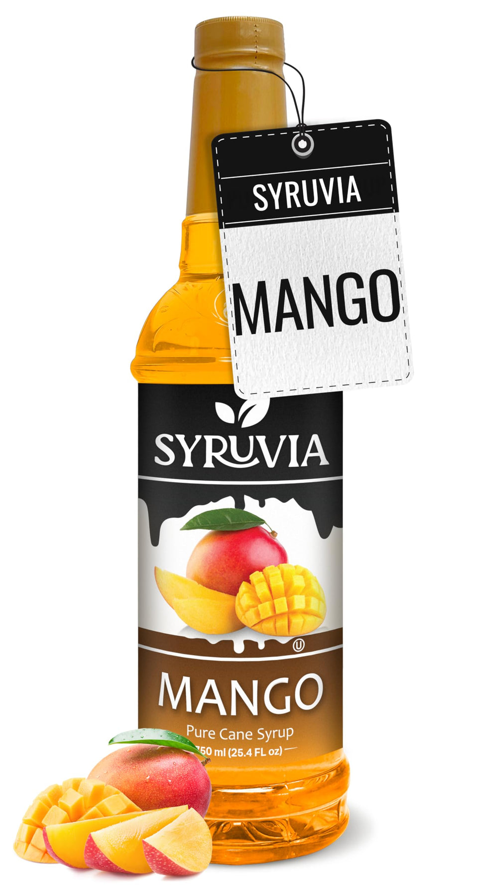 Syruvia Mango Syrup bottle pouring into glass for tropical flavor boost