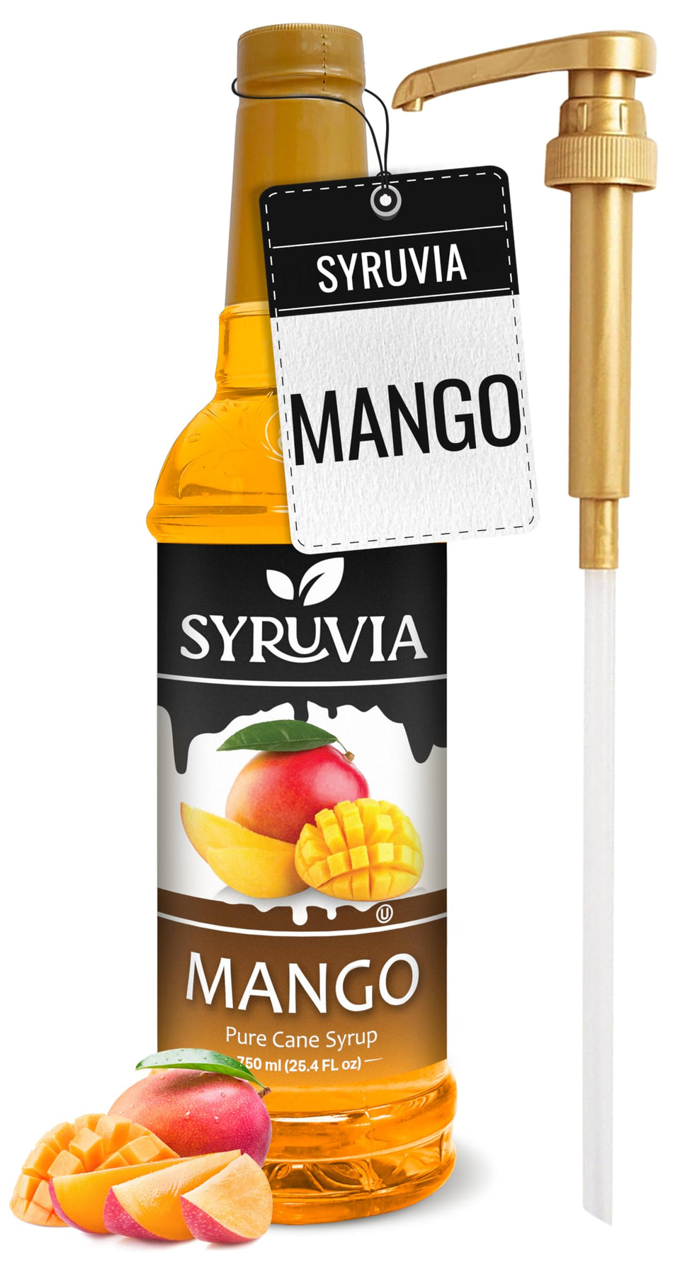 SYRUVIA Mango Syrup bottle boosts tropical flavor in cocktails.