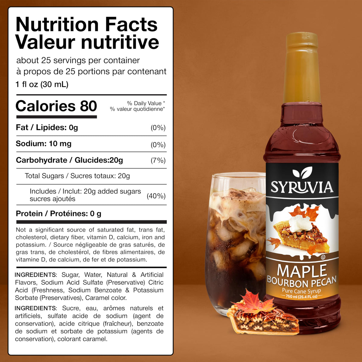 SYRUVIA maple bourbon pecan syrup ingredients close-up emphasizes premium cane sugar sweetness
